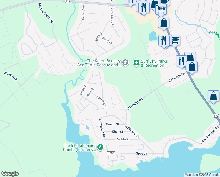 map of restaurants, bars, coffee shops, grocery stores, and more near 325 Royal Palm Avenue in Surf City