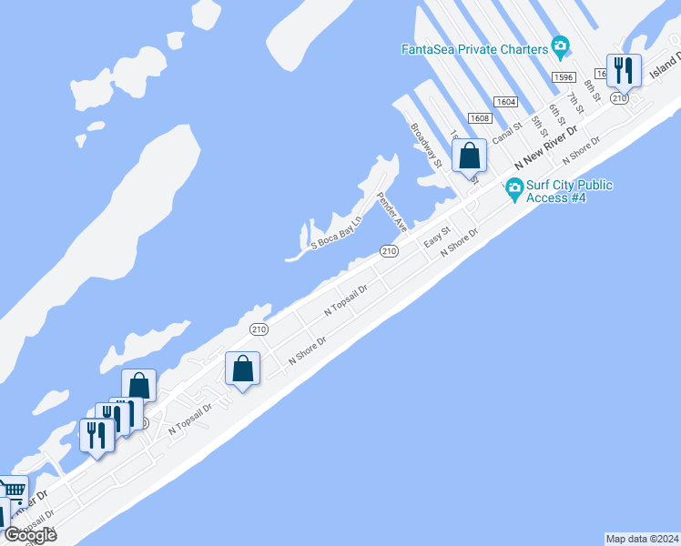 map of restaurants, bars, coffee shops, grocery stores, and more near 1307 North New River Drive in Surf City
