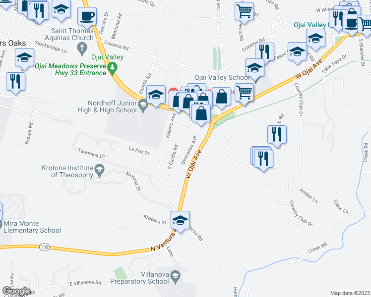 map of restaurants, bars, coffee shops, grocery stores, and more near 309 Descanso Avenue in Ojai