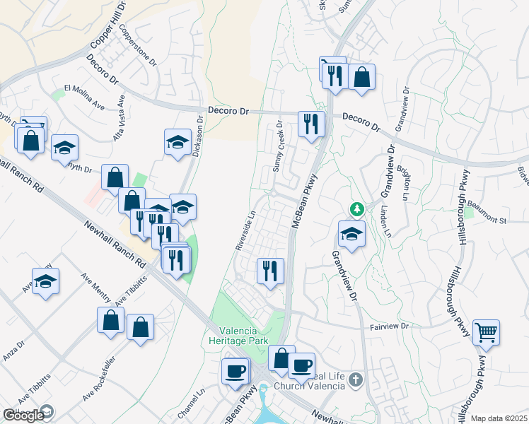 map of restaurants, bars, coffee shops, grocery stores, and more near 27492 Riverside Lane in Santa Clarita