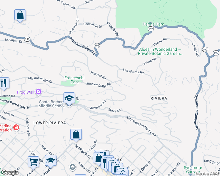 map of restaurants, bars, coffee shops, grocery stores, and more near 1320 Mission Ridge Road in Santa Barbara