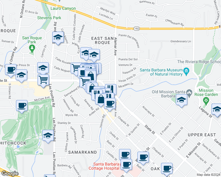 map of restaurants, bars, coffee shops, grocery stores, and more near 2923 Verde Vista Drive in Santa Barbara