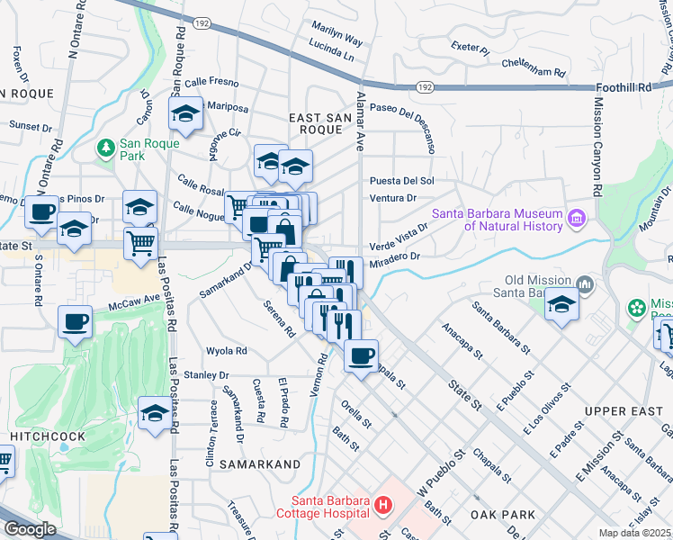map of restaurants, bars, coffee shops, grocery stores, and more near 2923 Verde Vista Drive in Santa Barbara