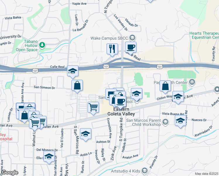 map of restaurants, bars, coffee shops, grocery stores, and more near 179 San Angelo in Goleta