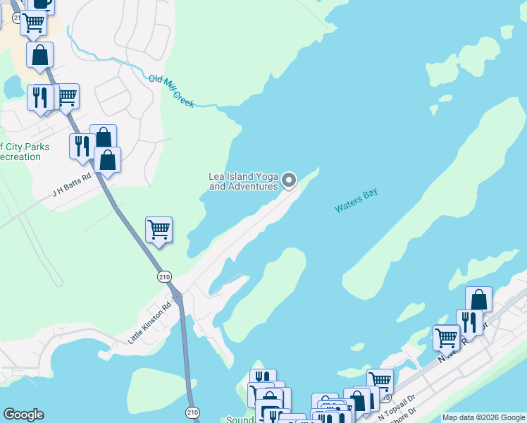 map of restaurants, bars, coffee shops, grocery stores, and more near 421 Atkinson Point Road in Holly Ridge