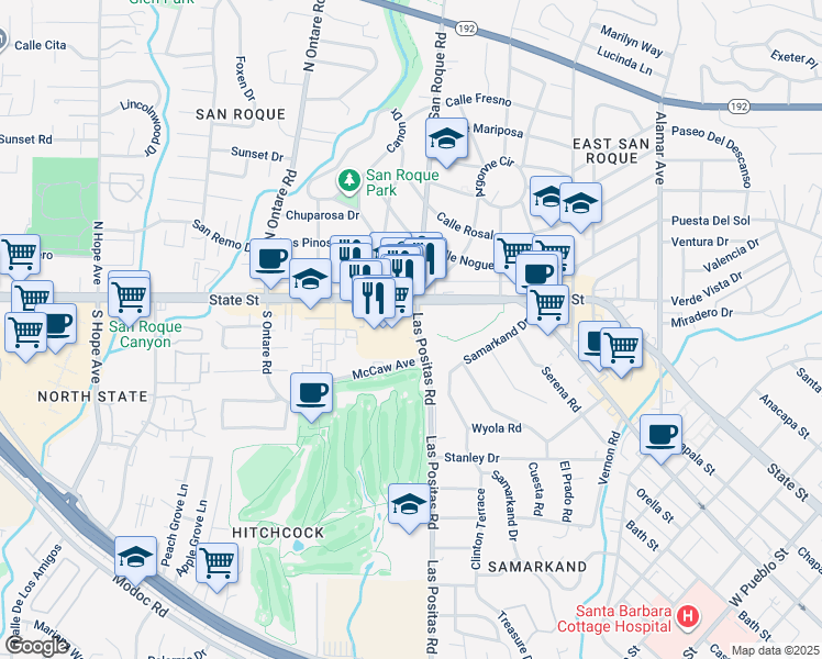 map of restaurants, bars, coffee shops, grocery stores, and more near 3301 State Street in Santa Barbara