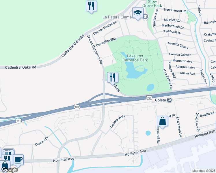 map of restaurants, bars, coffee shops, grocery stores, and more near 6491 Calle Real in Goleta