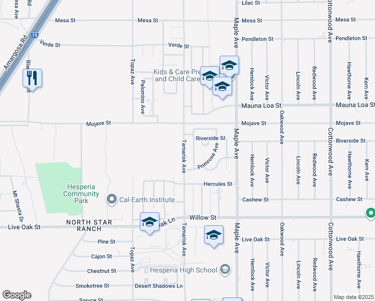 map of restaurants, bars, coffee shops, grocery stores, and more near 10437 Tamarisk Avenue in Hesperia
