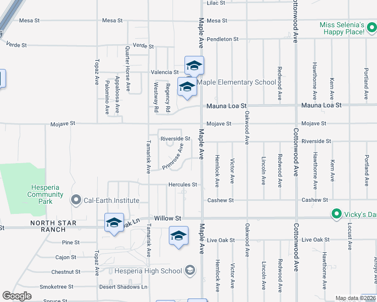 map of restaurants, bars, coffee shops, grocery stores, and more near 10394 Shangri-La Avenue in Hesperia