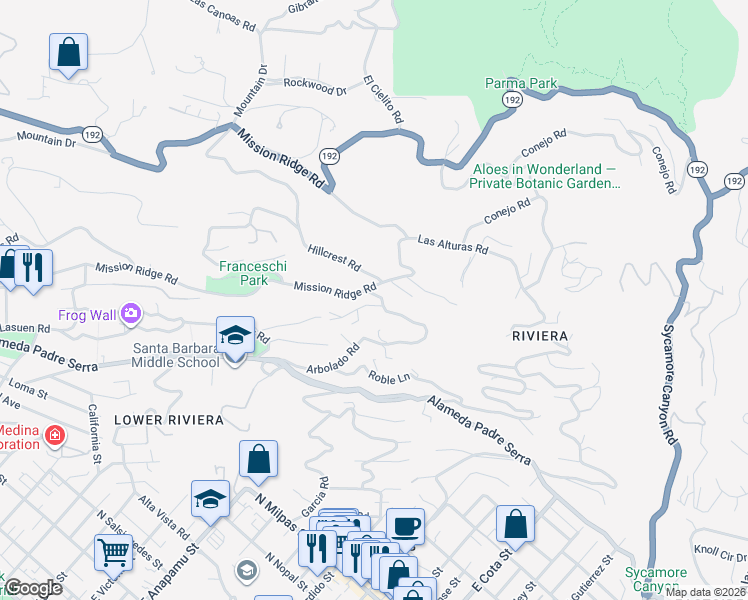 map of restaurants, bars, coffee shops, grocery stores, and more near 1320 Mission Ridge Road in Santa Barbara