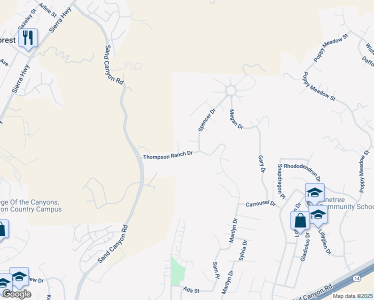 map of restaurants, bars, coffee shops, grocery stores, and more near 15929 Thompson Ranch Drive in Santa Clarita