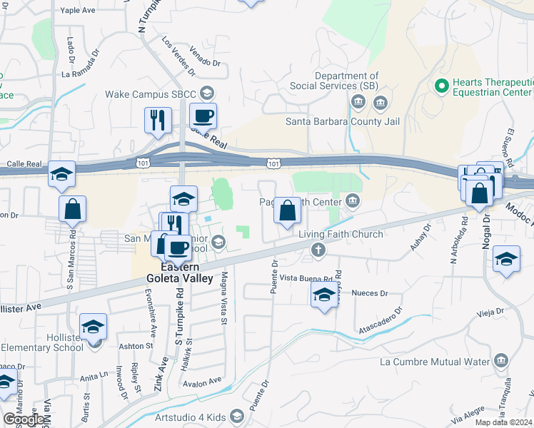 map of restaurants, bars, coffee shops, grocery stores, and more near 110 La Venta Drive in Santa Barbara