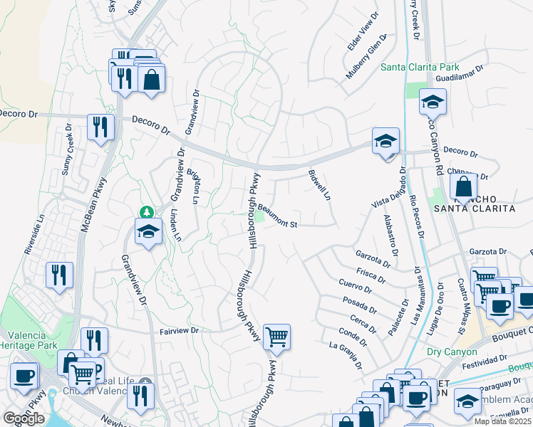 map of restaurants, bars, coffee shops, grocery stores, and more near 23379 Beaumont Street in Santa Clarita