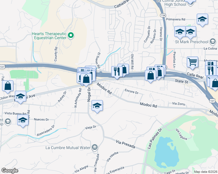 map of restaurants, bars, coffee shops, grocery stores, and more near 4363 State Street in Santa Barbara