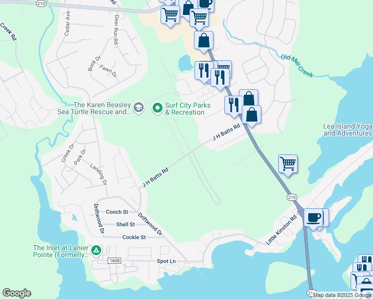 map of restaurants, bars, coffee shops, grocery stores, and more near 110B James Avenue in Surf City