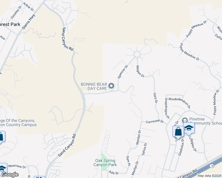 map of restaurants, bars, coffee shops, grocery stores, and more near 15929 Thompson Ranch Drive in Santa Clarita