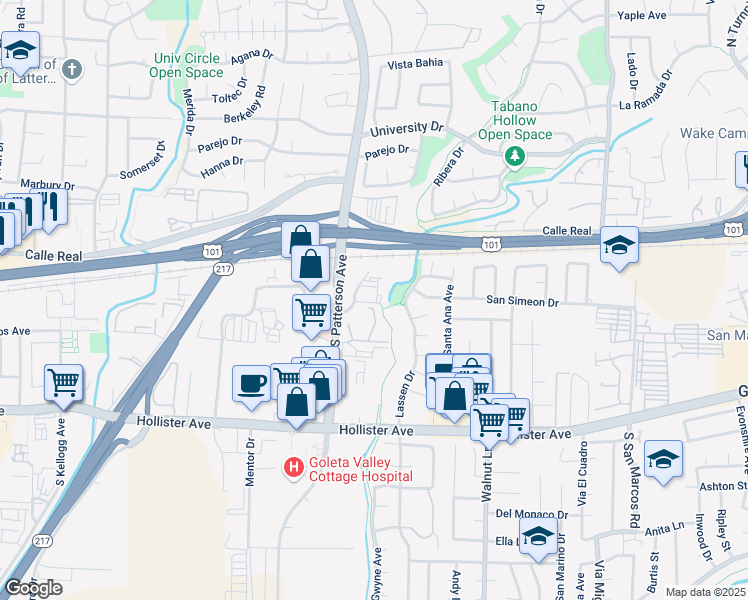 map of restaurants, bars, coffee shops, grocery stores, and more near 57 Lassen Drive in Goleta