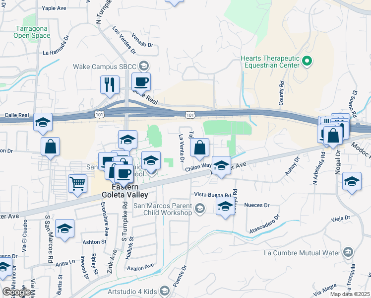 map of restaurants, bars, coffee shops, grocery stores, and more near 110 La Venta Drive in Santa Barbara