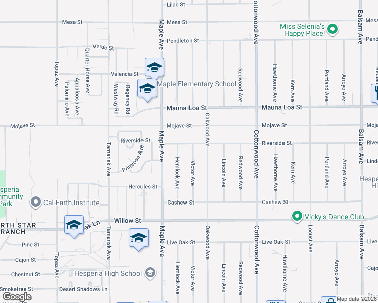 map of restaurants, bars, coffee shops, grocery stores, and more near 10400 Victor Avenue in Hesperia
