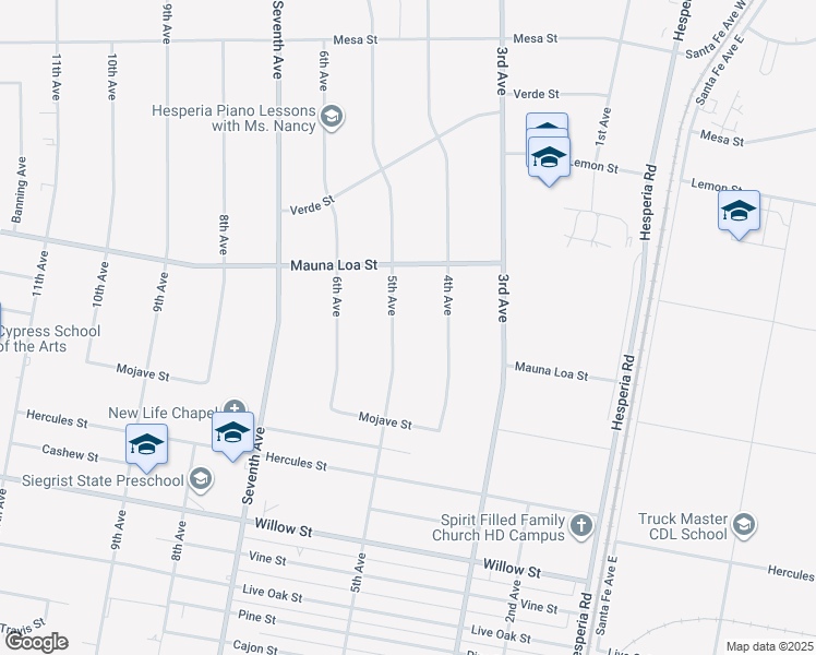 map of restaurants, bars, coffee shops, grocery stores, and more near 10399 5th Avenue in Hesperia