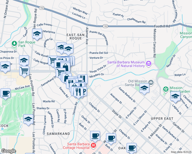 map of restaurants, bars, coffee shops, grocery stores, and more near 2881 Verde Vista Drive in Santa Barbara