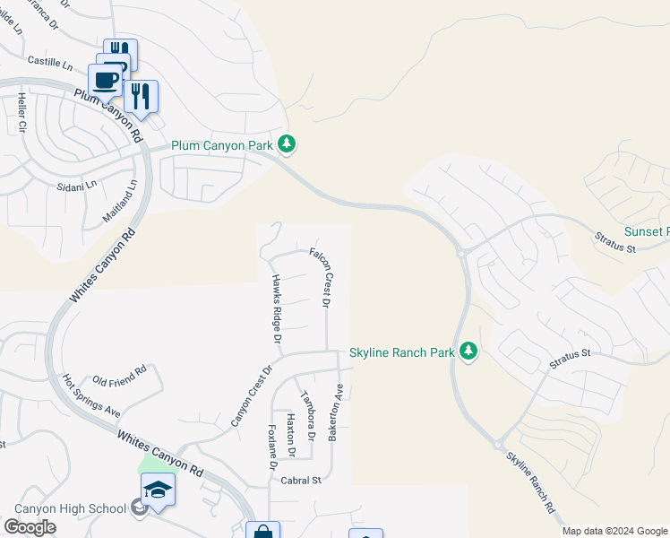 map of restaurants, bars, coffee shops, grocery stores, and more near 28442 Falcon Crest Drive in Santa Clarita
