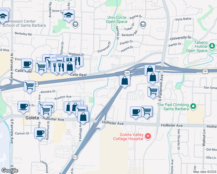 map of restaurants, bars, coffee shops, grocery stores, and more near 39 Dearborn Place in Goleta