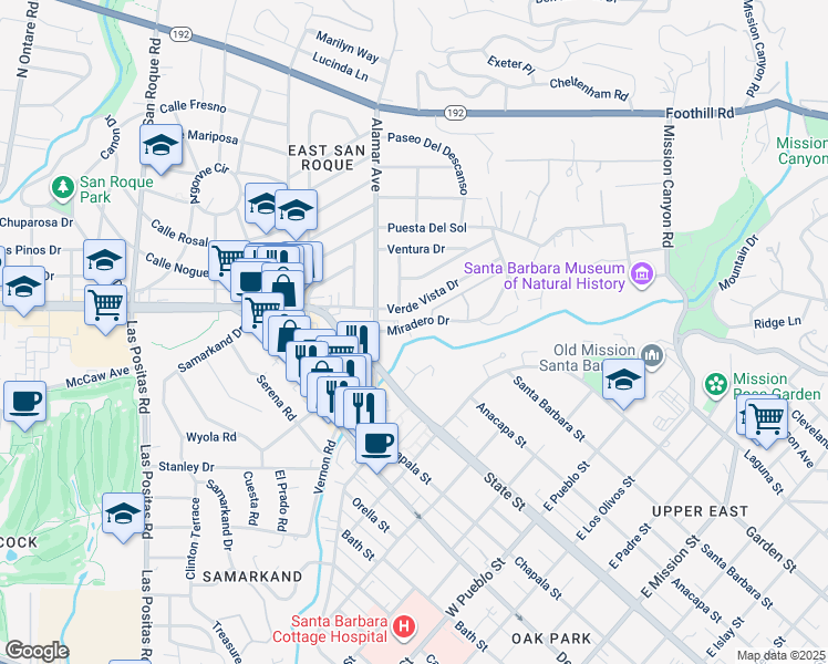 map of restaurants, bars, coffee shops, grocery stores, and more near 2881 Verde Vista Drive in Santa Barbara