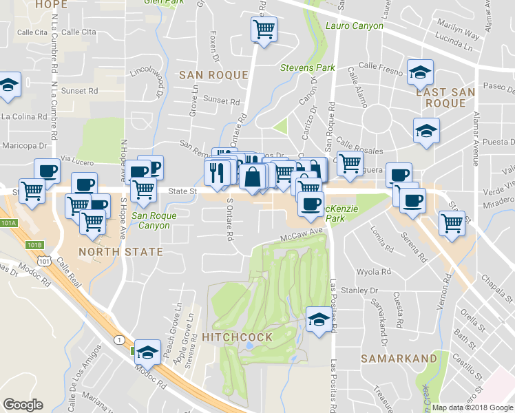 map of restaurants, bars, coffee shops, grocery stores, and more near 3505 State Street in Santa Barbara