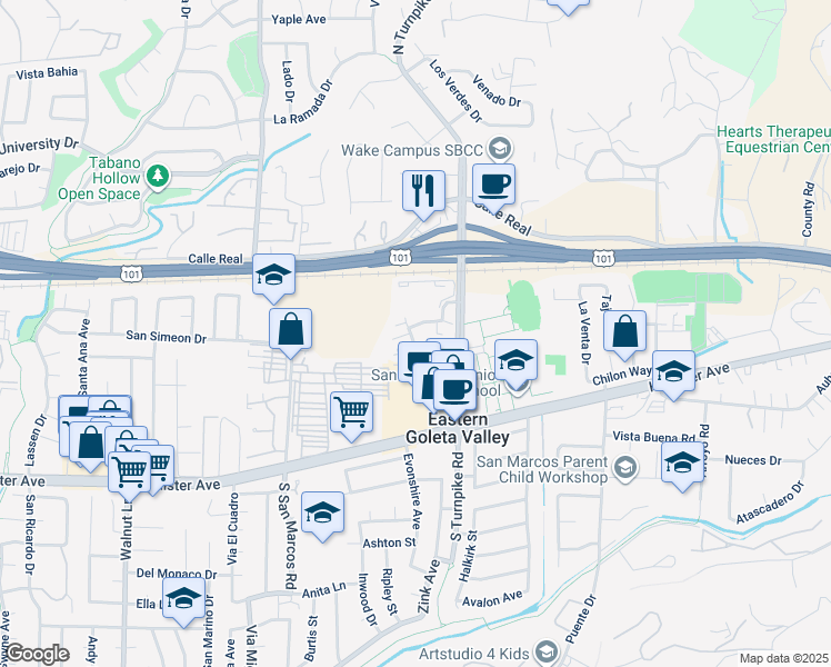 map of restaurants, bars, coffee shops, grocery stores, and more near 179 San Angelo in Goleta