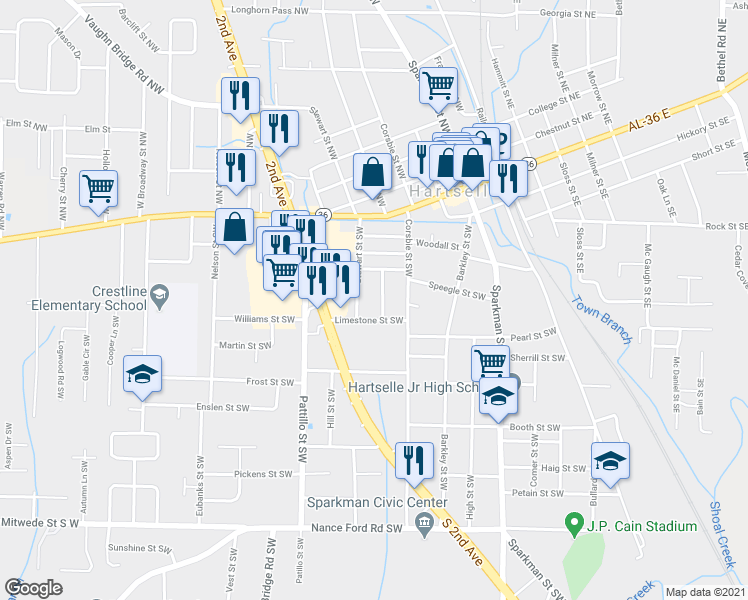 map of restaurants, bars, coffee shops, grocery stores, and more near 6055 Adelle Street Southwest in Hartselle