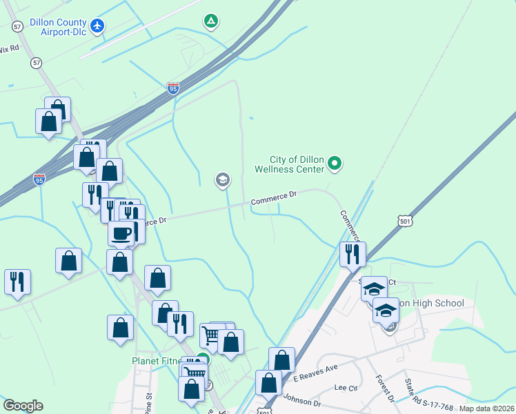 map of restaurants, bars, coffee shops, grocery stores, and more near 1502 Commerce Drive in Dillon