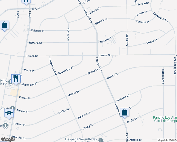 map of restaurants, bars, coffee shops, grocery stores, and more near 18190 Fresno Street in Hesperia