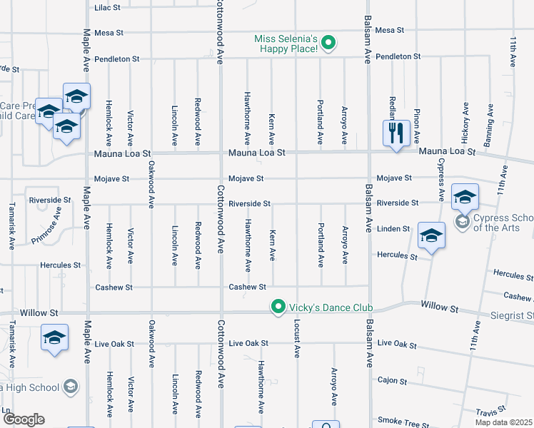 map of restaurants, bars, coffee shops, grocery stores, and more near 10392 Kern Avenue in Hesperia