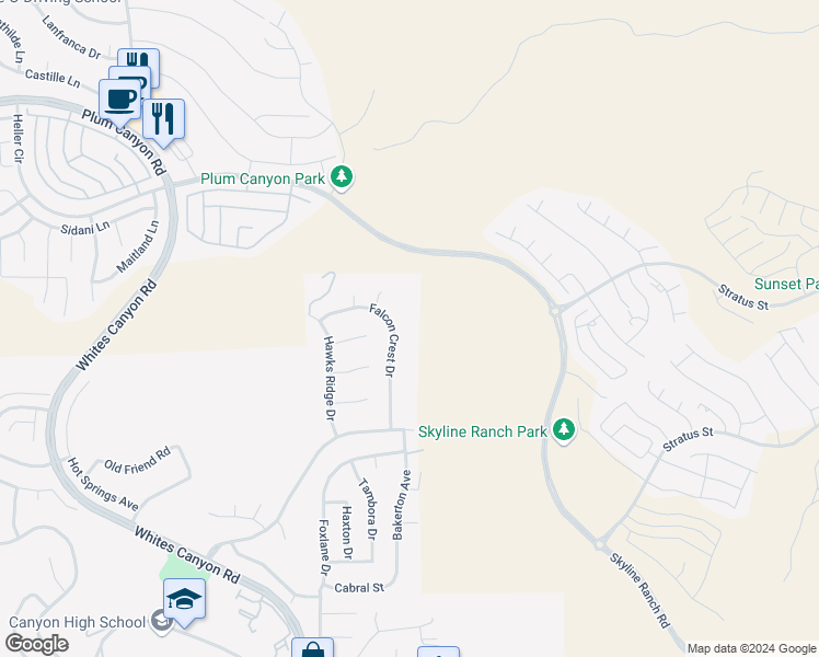 map of restaurants, bars, coffee shops, grocery stores, and more near 28442 Falcon Crest Drive in Santa Clarita