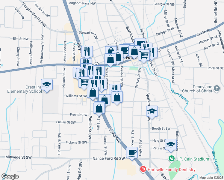 map of restaurants, bars, coffee shops, grocery stores, and more near 6055 Adelle Street Southwest in Hartselle