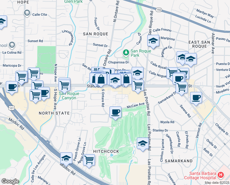 map of restaurants, bars, coffee shops, grocery stores, and more near 3505 State Street in Santa Barbara
