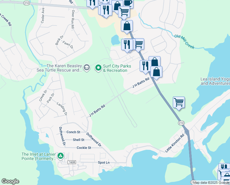 map of restaurants, bars, coffee shops, grocery stores, and more near 104 James Avenue in Surf City