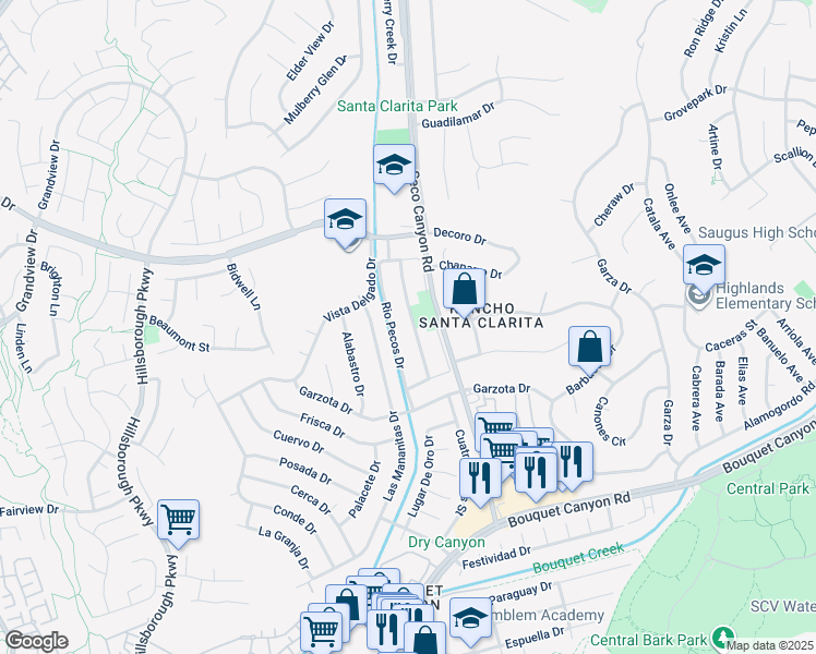 map of restaurants, bars, coffee shops, grocery stores, and more near 27065 Rio Prado Drive in Santa Clarita