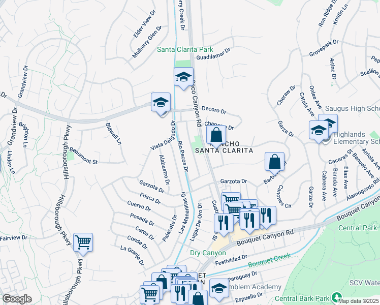 map of restaurants, bars, coffee shops, grocery stores, and more near 27065 Rio Prado Drive in Santa Clarita