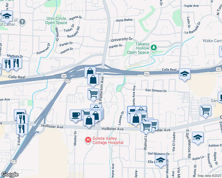 map of restaurants, bars, coffee shops, grocery stores, and more near 57 Lassen Drive in Goleta
