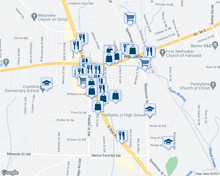 map of restaurants, bars, coffee shops, grocery stores, and more near 609 Adelle Street Southwest in Hartselle