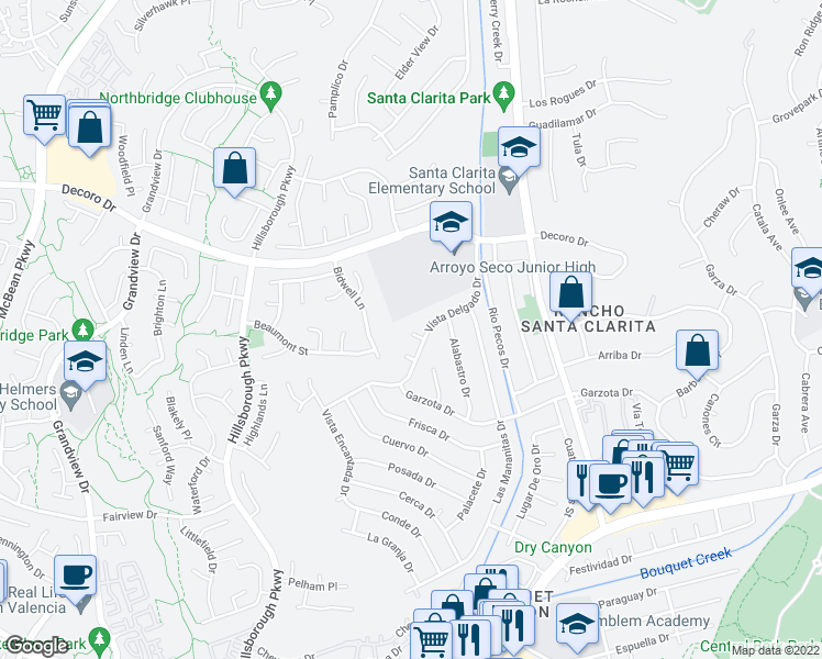 map of restaurants, bars, coffee shops, grocery stores, and more near 22969 Vista Delgado Drive in Santa Clarita