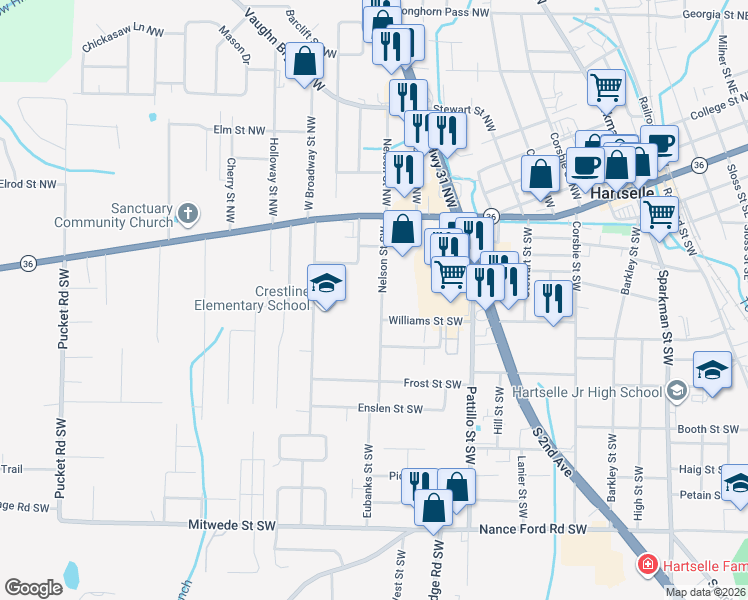 map of restaurants, bars, coffee shops, grocery stores, and more near 505 Nelson Street Northwest in Hartselle