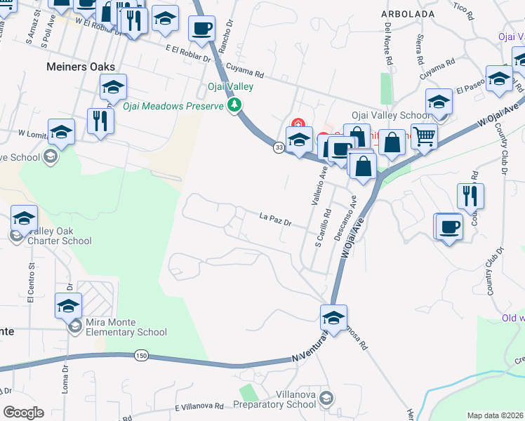 map of restaurants, bars, coffee shops, grocery stores, and more near 1420 La Paz Drive in Ojai