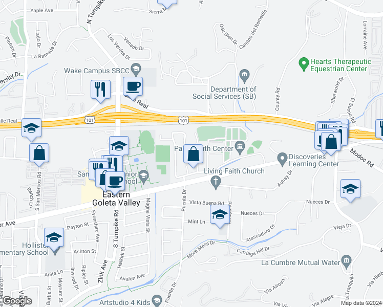 map of restaurants, bars, coffee shops, grocery stores, and more near 4629 Tajo Drive in Santa Barbara