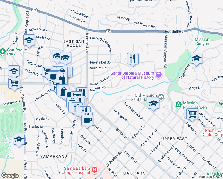 map of restaurants, bars, coffee shops, grocery stores, and more near 2767 Miradero Drive in Santa Barbara
