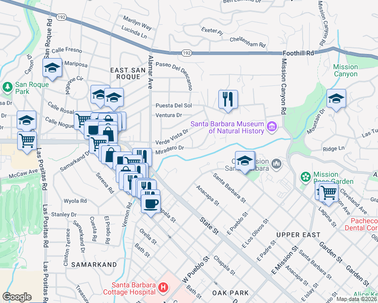 map of restaurants, bars, coffee shops, grocery stores, and more near 2766 Miradero Drive in Santa Barbara