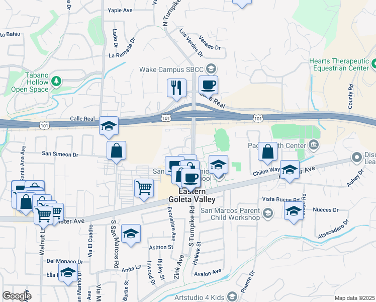 map of restaurants, bars, coffee shops, grocery stores, and more near 162 Camino De Vida in Santa Barbara