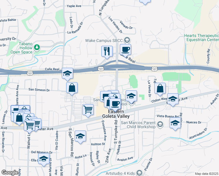map of restaurants, bars, coffee shops, grocery stores, and more near 162 Camino De Vida in Santa Barbara
